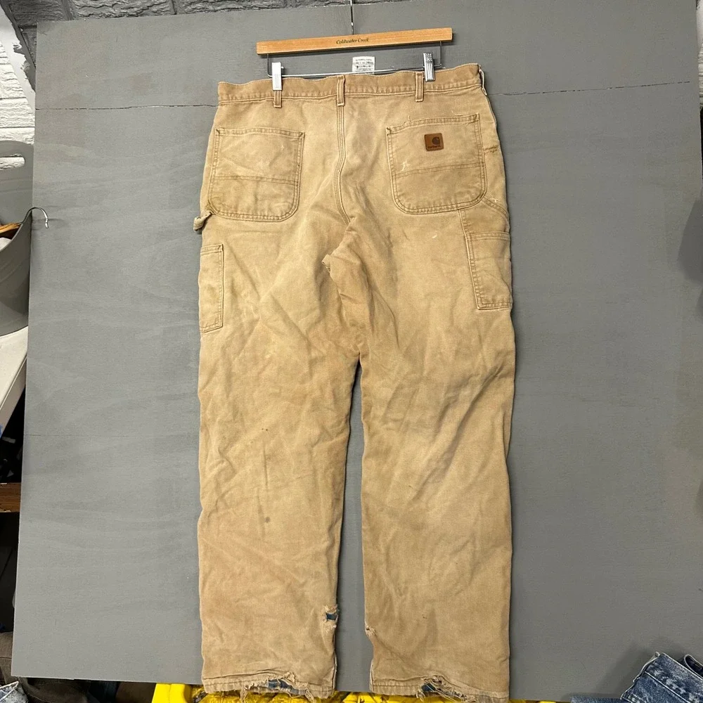 Carhartt B111 BRN Flannel Lined Distressed Work‎ Pants Brown 38x32 Dungaree Fit